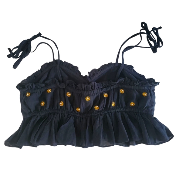 🔥FREE PEOPLE Intimately Free On A Star‎ Black Rhinestone Ruffle Cropped Cami  S - Picture 4 of 11